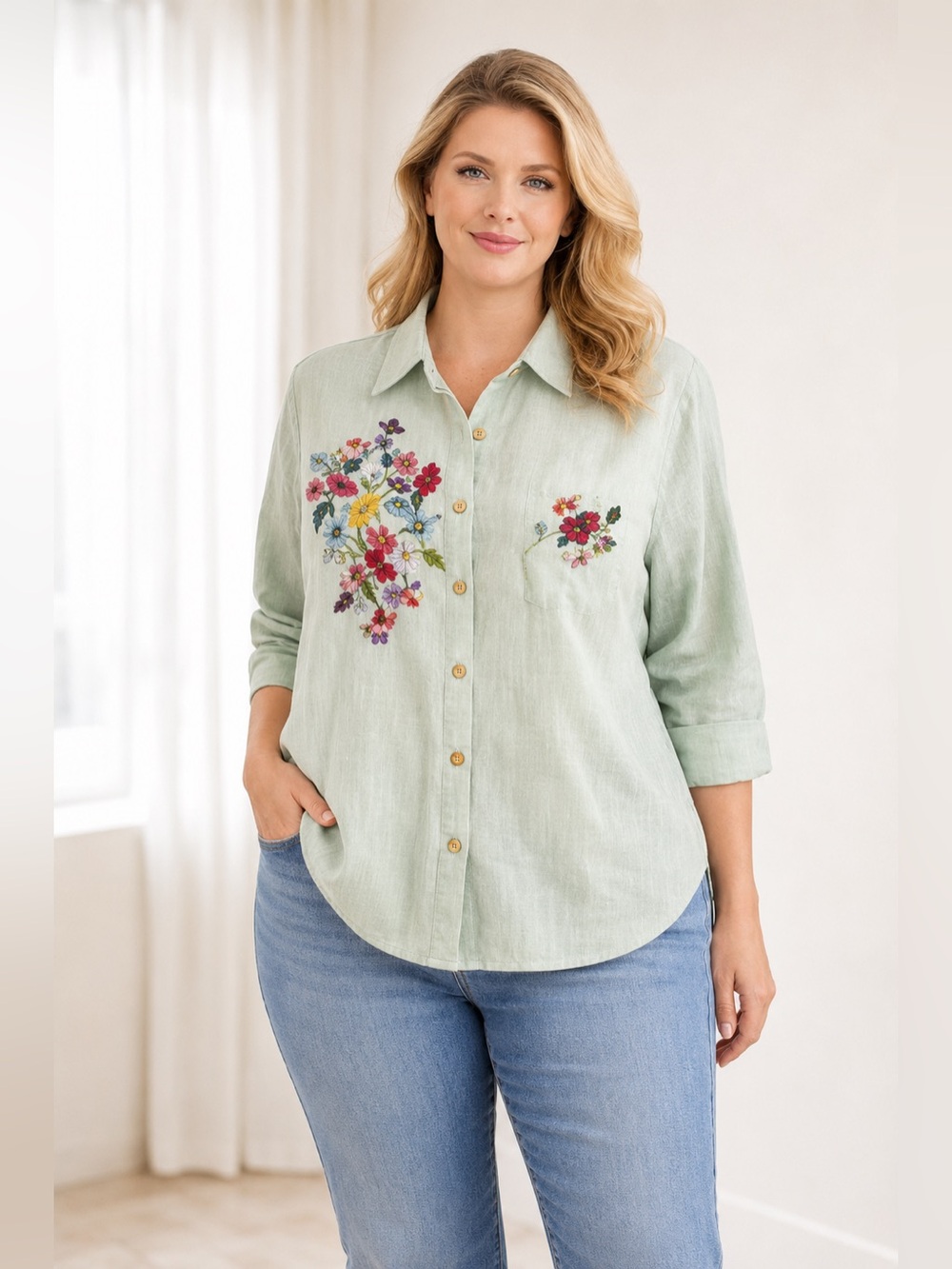 Victoria Jones Size 20 Green White Stripe Embroidered Floral Button Down Shirt